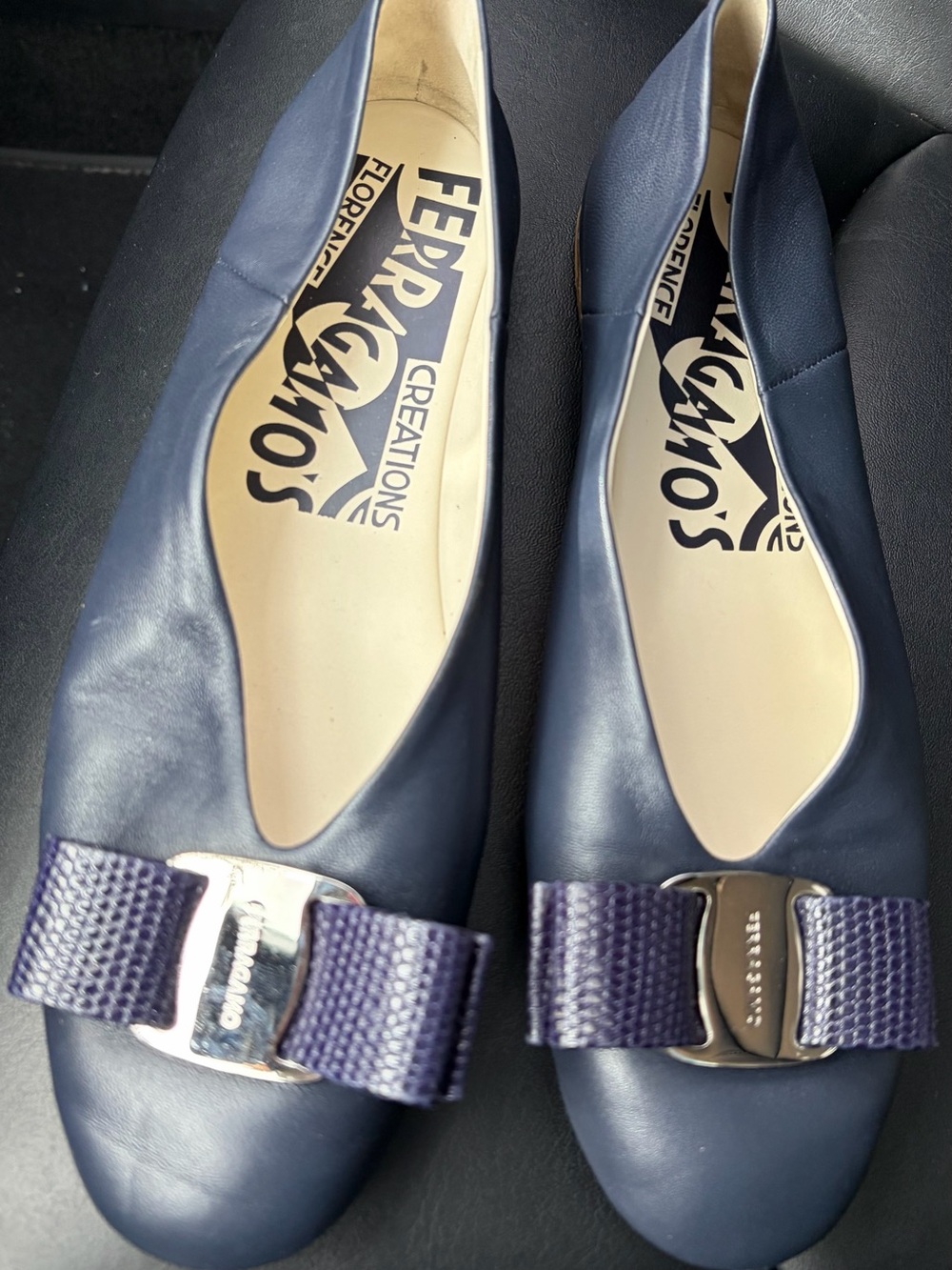 Salvatore Ferragamo Navy Leather Bow Flats with Silver Hardware